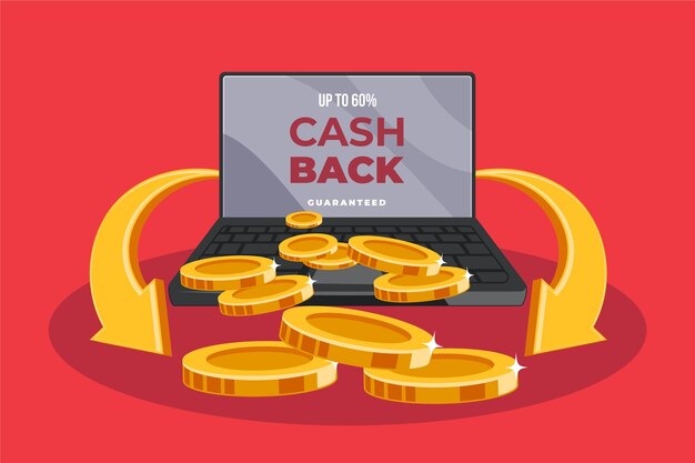 Concepto de devolución de dinero con monedas y computadora portátil