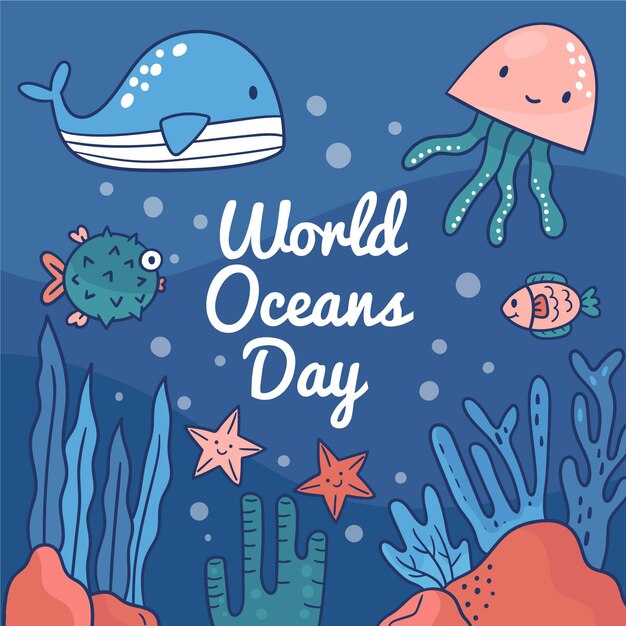Concepto de día mundial de los océanos dibujados a mano