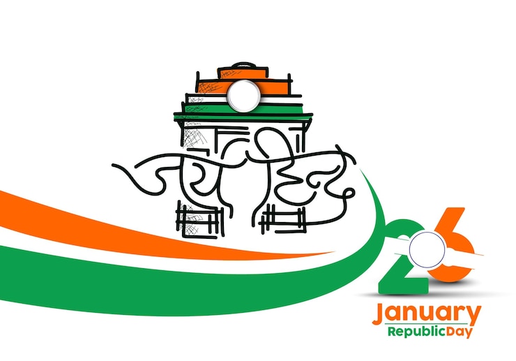 Vector gratuito concepto del día de la república de la india con el texto hindi de la puerta de la india jai hind.
