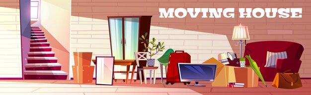 Concepto de dibujos animados de casa móvil con caja llena de cosas del hogar, bolsas de equipaje, plantas caseras