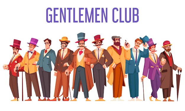 Concepto de dibujos animados del club de caballeros con hombres en la ilustración de vector de ropa elegante de estilo antiguo