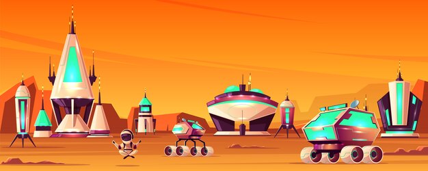 Concepto de dibujos animados de la colonia espacial en Marte con naves espaciales o cohetes, edificios futuristas