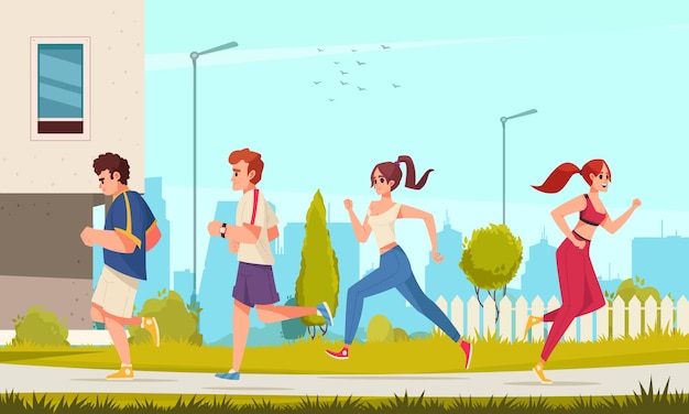 Vector gratuito concepto de dibujos animados de corredor de la ciudad con jóvenes corriendo al aire libre ilustración vectorial