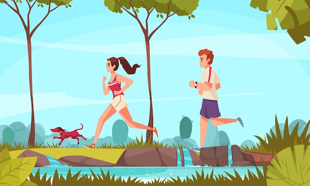 Vector gratuito concepto de dibujos animados de corredor de la ciudad con pareja joven corriendo en la ilustración de vector de parque