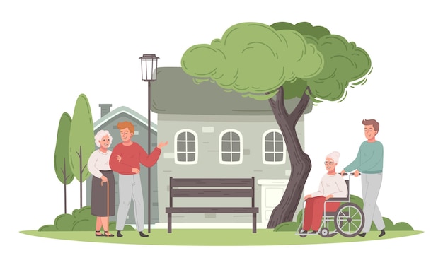 Concepto de dibujos animados de cuidado de ancianos con ancianas caminando al aire libre ilustración vectorial