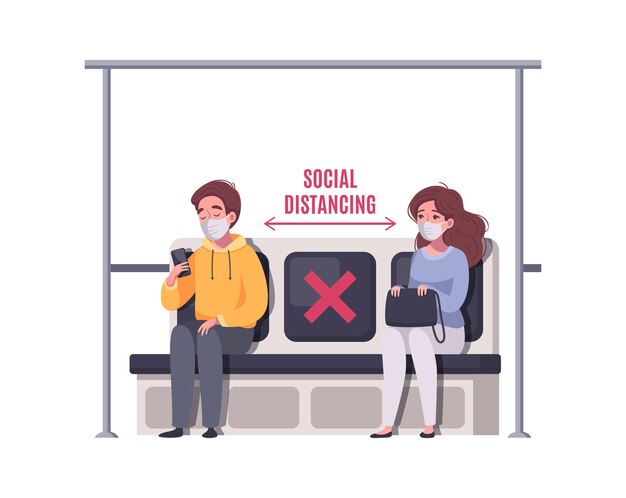 Concepto de dibujos animados de distanciamiento social con dos pasajeros en máscaras en la ilustración del metro