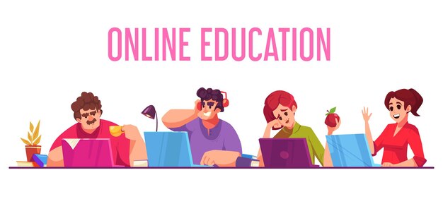 Concepto de dibujos animados de educación en línea con personas que aprenden ilustración vectorial en línea