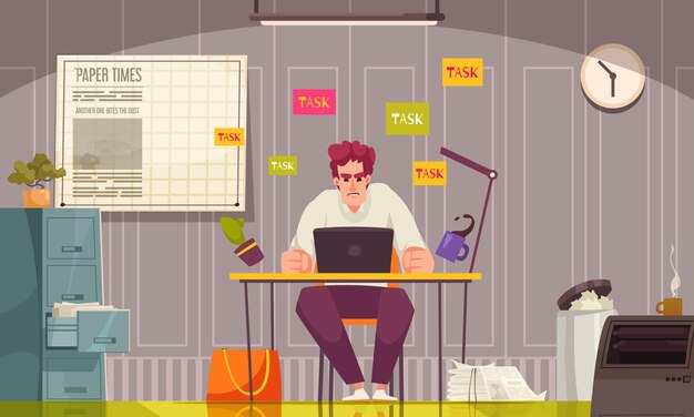 Concepto de dibujos animados de estrés de oficina con ilustración de vector de hombre con exceso de trabajo infeliz