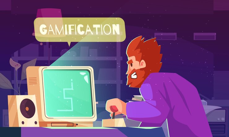 Vector gratuito concepto de dibujos animados de gamificación con un hombre jugando en una ilustración vectorial de computadora de escritorio