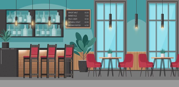 Concepto de dibujos animados interiores de restaurante con barra de bar e ilustración de vector de tablero de menú