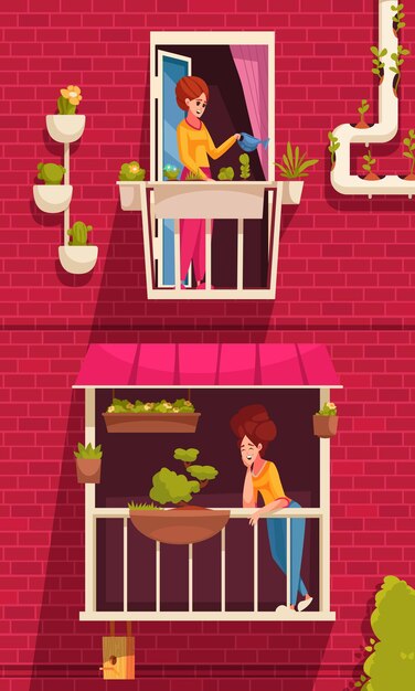 Concepto de dibujos animados de jardinería urbana con personas regando plantas que crecen en la ilustración de vector de alféizar de ventana
