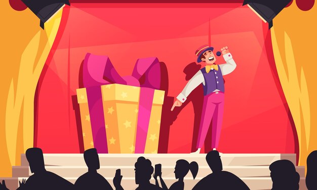 Concepto de dibujos animados de lotería con hombre anunciando ilustración de vector de ganador de premio de dinero