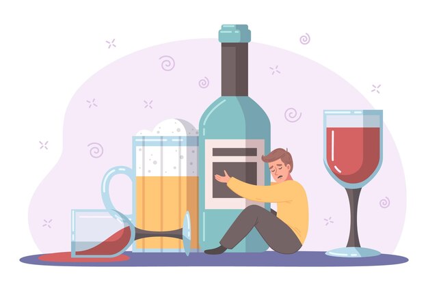 Concepto de dibujos animados de malos hábitos con adicto al alcohol con ilustración de vector de botella