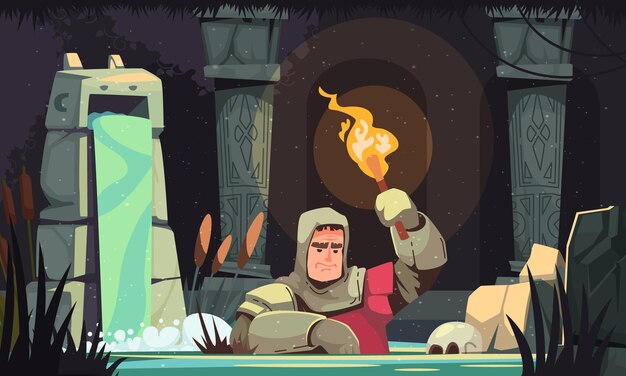 Concepto de dibujos animados de mazmorra con hombre armado sosteniendo antorcha en la ilustración vectorial interior medieval