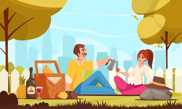Concepto de dibujos animados de picnic con pareja feliz con comida romanti al aire libre ilustración vectorial