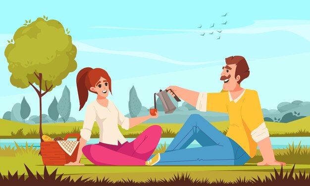 Concepto de dibujos animados de picnic con una pareja joven con una cena romántica al aire libre ilustración vectorial