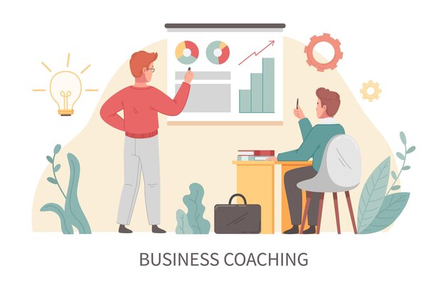 Concepto de dibujos animados planos de coaching con ilustración de vector de escena de formación empresarial