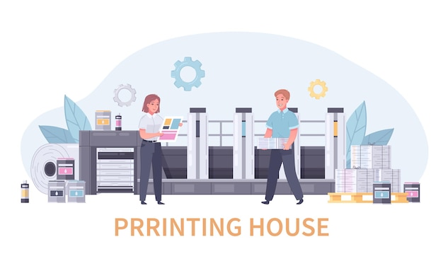 Vector gratuito concepto de dibujos animados de poligrafía de imprenta con titular de imprenta y dos empleadores en la ilustración de vector de lugar de trabajo