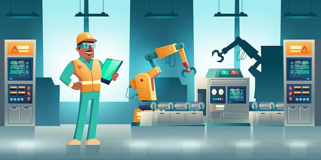 Concepto de dibujos animados de producción industrial robotizada. Manos robóticas trabajando en una moderna fábrica o transportador de plantas.