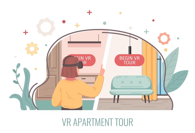 Concepto de dibujos animados de realidad virtual con ilustración de vector de recorrido de apartamento vr
