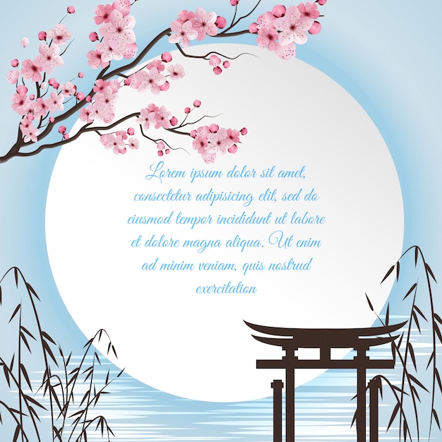 Concepto de dibujos animados de Sakura con motivos japoneses y círculo blanco con lugar para poema