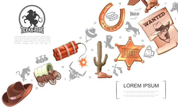 Concepto de dibujos animados del salvaje oeste con sombrero de vaquero, carruaje de caballos, dinamita, cactus, insignia de sheriff, herradura, cartel buscado, letrero de madera