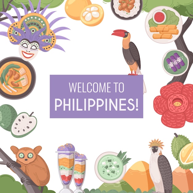 Vector gratuito concepto de dibujos animados de viaje de filipinas con atracción turística e ilustración de vector de comida local