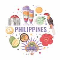 Vector gratuito concepto de dibujos animados de viaje de filipinas con atracción turística y puntos de referencia locales ilustración vectorial