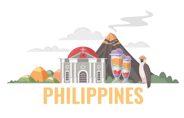 Vector gratuito concepto de dibujos animados de viaje de filipinas con atracciones naturales locales e ilustración vectorial de cocina