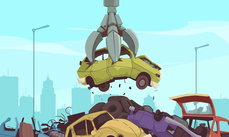 Vector gratuito concepto de dibujos animados de volcado de coche con ilustración de vector de montón automático aplastado