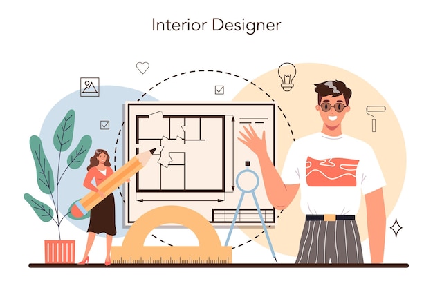 Vector gratuito concepto de diseñador de interiores profesional decorador que planifica el diseño de una habitación que elige el color de la pared y el estilo de los muebles renovación de la casa ilustración de vector plano aislado