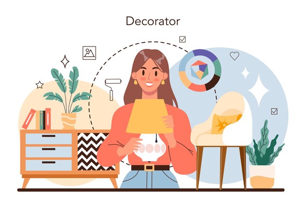 Concepto de diseñador de interiores profesional Decorador que planifica el diseño de una habitación que elige el color de la pared y el estilo de los muebles Renovación de la casa Ilustración de vector plano aislado
