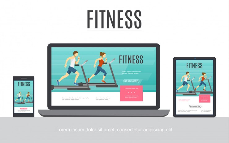 Vector gratuito concepto de diseño adaptativo de fitness plano con hombre y mujer corriendo en cinta en pantallas de tableta móvil portátil aisladas