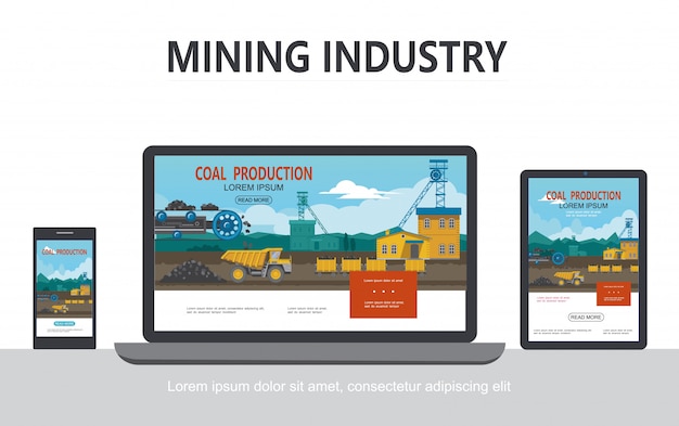 Vector gratuito concepto de diseño adaptativo de la industria minera plana con vagones de camión volquete de rueda de cubo de fábrica industrial que transportan carbón en pantallas de portátiles de teléfonos de tableta aisladas