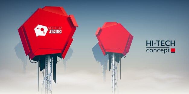 Concepto de diseño de alta tecnología con dos torres técnicas rojas en el cielo de nubes, ilustración realista