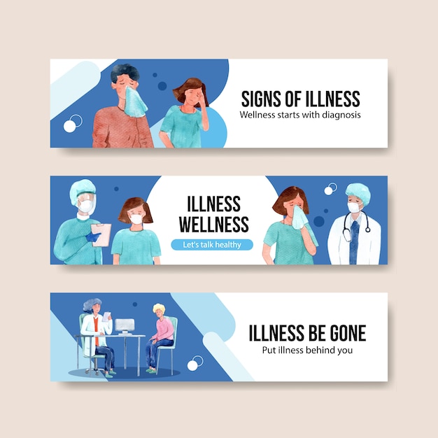 Concepto de diseño de banner de enfermedad con personas y médico personajes infografía acuarela sintomática ilustración vectorial