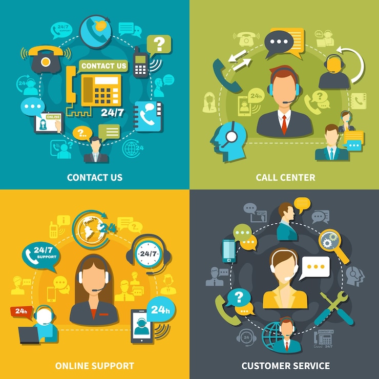 Vector gratuito concepto de diseño de centro de llamadas con servicio al cliente, soporte en línea 24/7, contáctenos aislado