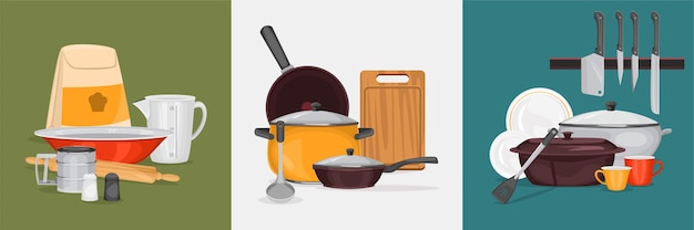 Concepto de diseño de cocina con tres composiciones cuadradas de equipo de cocina para diferentes situaciones de cocina.