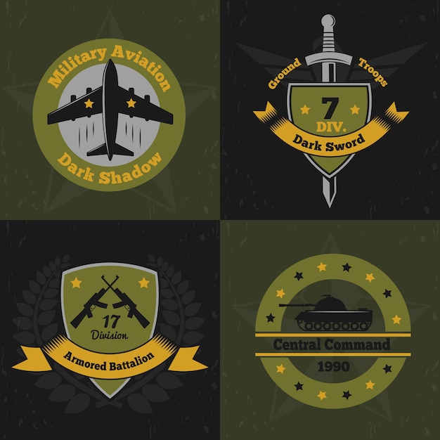 Concepto de diseño de color de emblemas militares con emblemas de colores planos de la insignia del servicio de guerra con armas