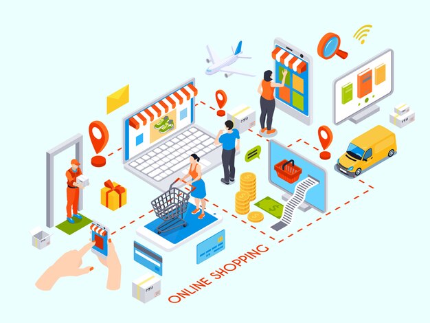 Concepto de diseño de compras en línea con artículos isométricos de mensajería de entrega de tarjetas de crédito