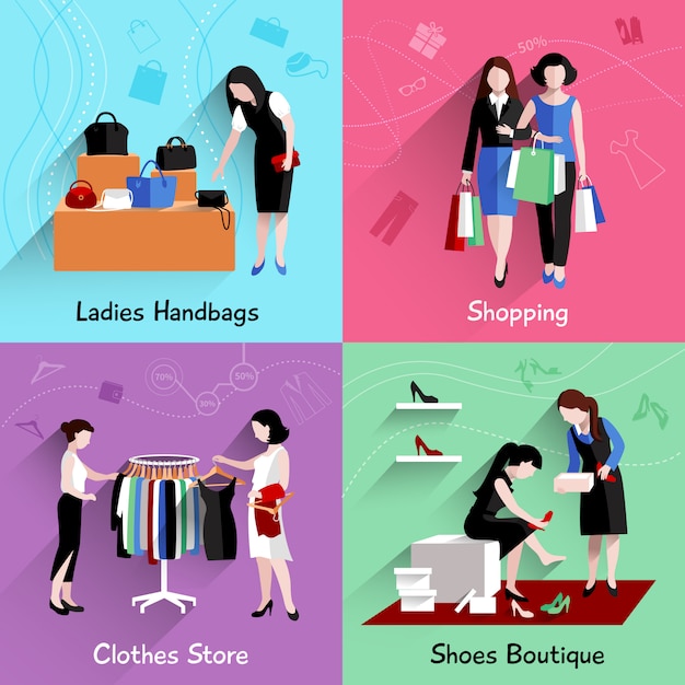 El concepto de diseño de compras de la mujer fijó con iconos planos de las tiendas de la ropa y de los zapatos de los bolsos aislados