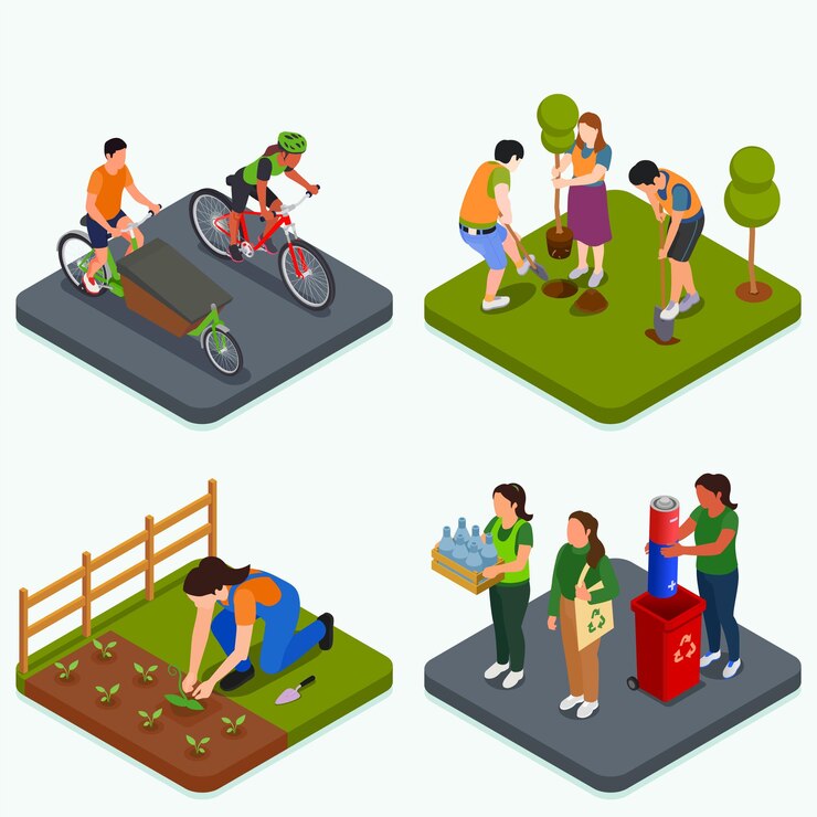 Vector gratuito concepto de diseño de conciencia ecológica conjunto con personas que hacen jardinería usando transporte ecológico reciclando basura ilustración vectorial isométrica aislada
