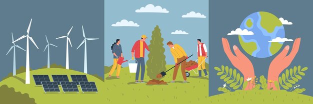 Concepto de diseño de contaminación ecológica con tres composiciones cuadradas de voluntarios de energía alternativa y tierra en manos ilustración vectorial
