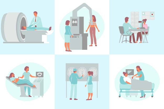 Vector gratuito concepto de diseño de diagnóstico médico con un conjunto de seis composiciones planas con pacientes y médicos personajes humanos ilustración vectorial