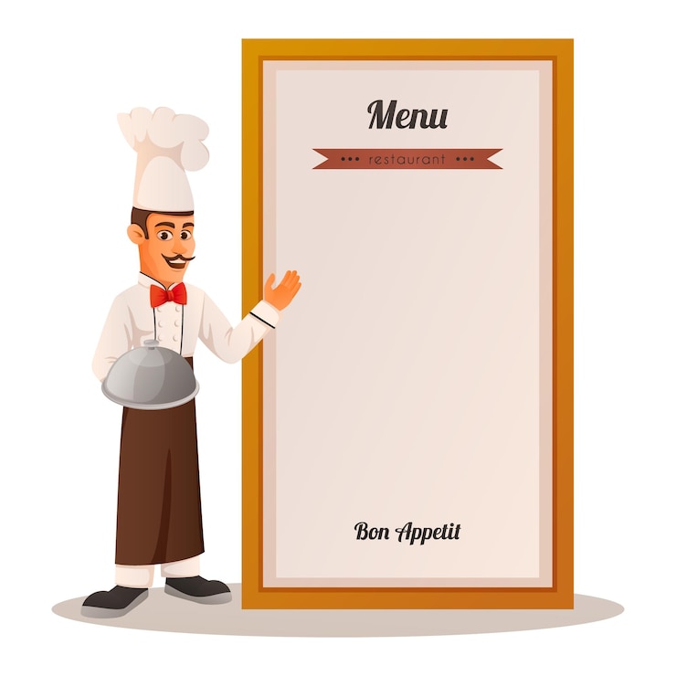 Vector gratuito concepto de diseño de dibujos animados de cocina profesional con chef sosteniendo una bandeja para platos calientes y ofreciendo ilustración de vector de menú de restaurante