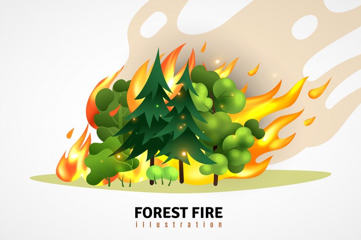 Vector gratuito el concepto de diseño de dibujos animados de desastres naturales ilustra los árboles coníferos y caducifolios verdes en el bosque en la ilustración del fuego furioso