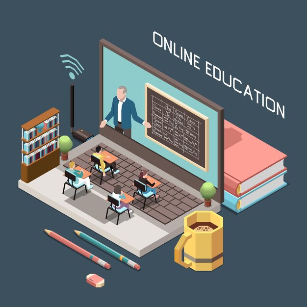 Concepto de diseño de educación en línea con profesor en pizarra ob pantalla grande de pc y alumnos pequeños sentados en escritorios en teclado grande isométrico