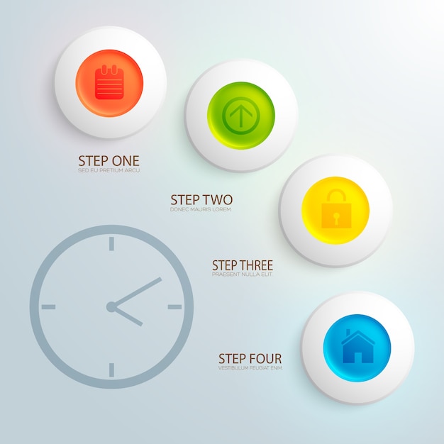 Vector gratuito concepto de diseño empresarial con imagen de reloj e iconos de colores en círculos planos