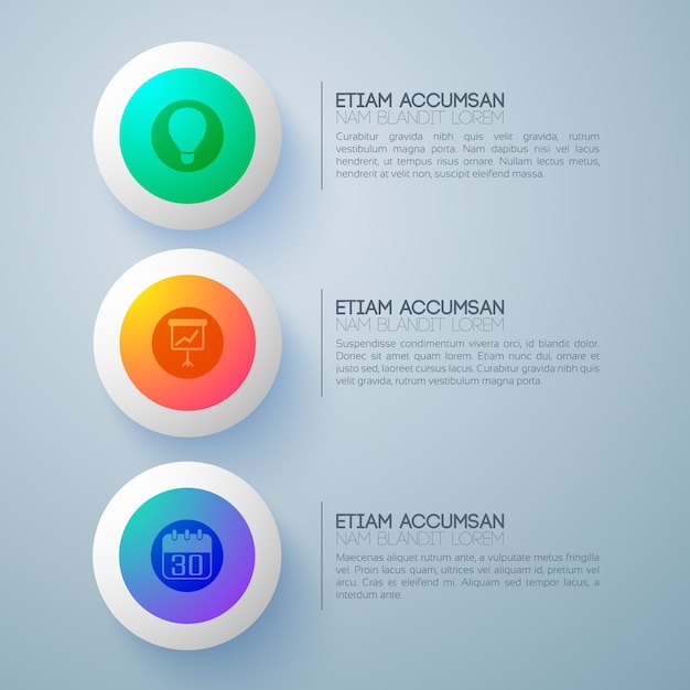 Concepto de diseño empresarial con tres botones redondos futuristas y pictogramas infográficos con párrafos de texto de descripción
