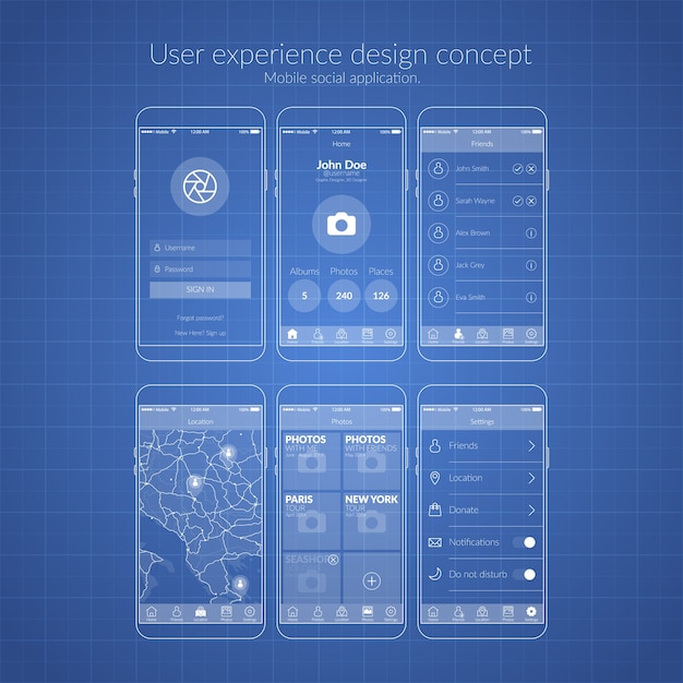Vector gratuito concepto de diseño de experiencia de usuario de aplicaciones sociales móviles en ilustración plana de color azul